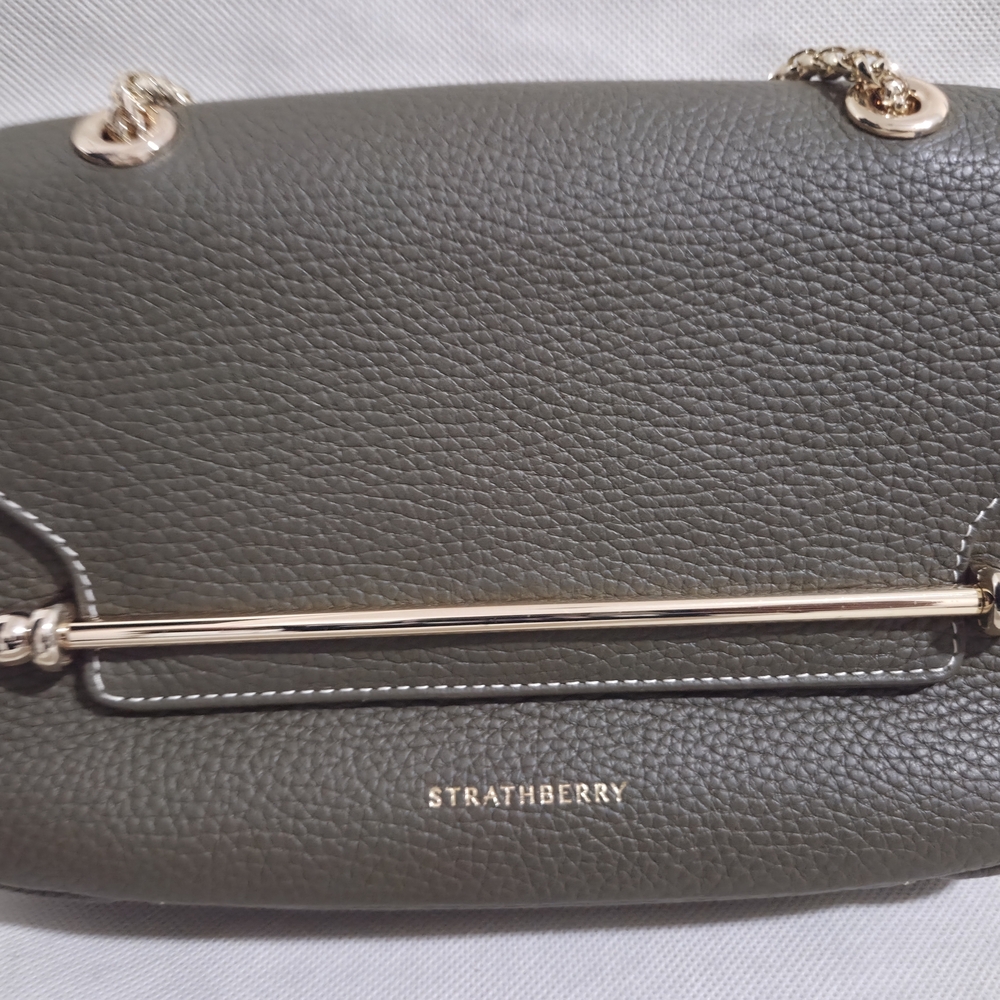 Strathberry Khaki Leather Shoulder Bag with Gold Chain